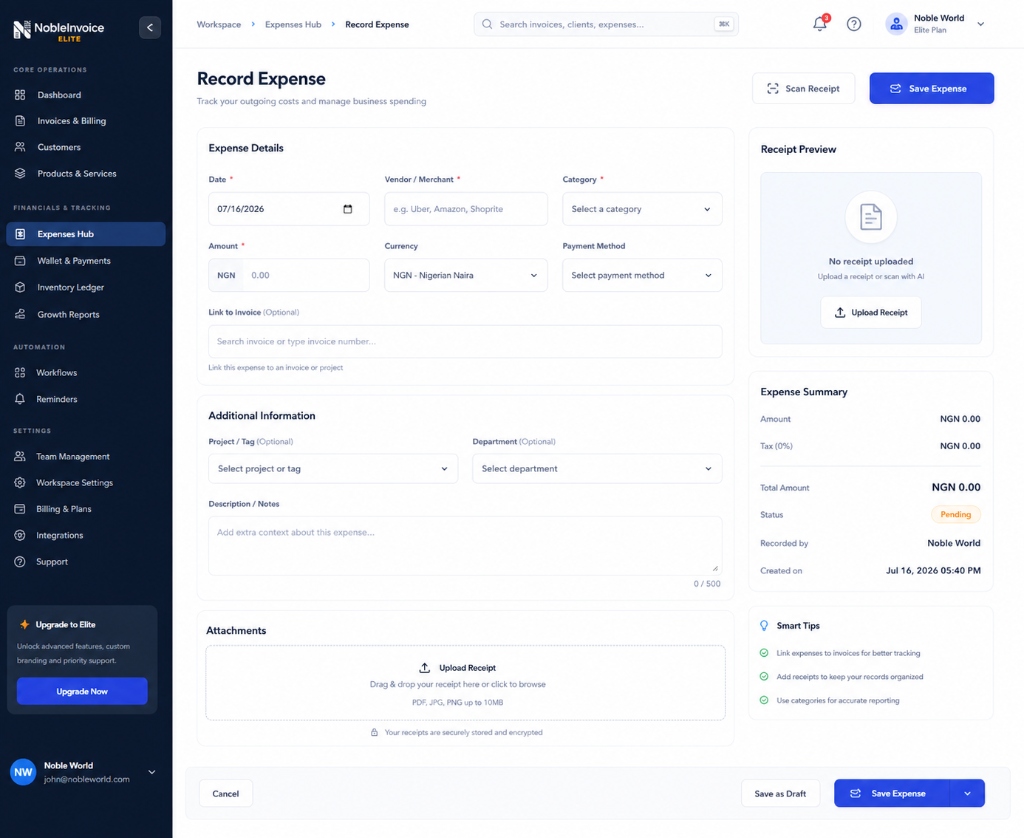 Nobevra Expense Hub β Record, Scan Receipts, and Manage Business Expenses